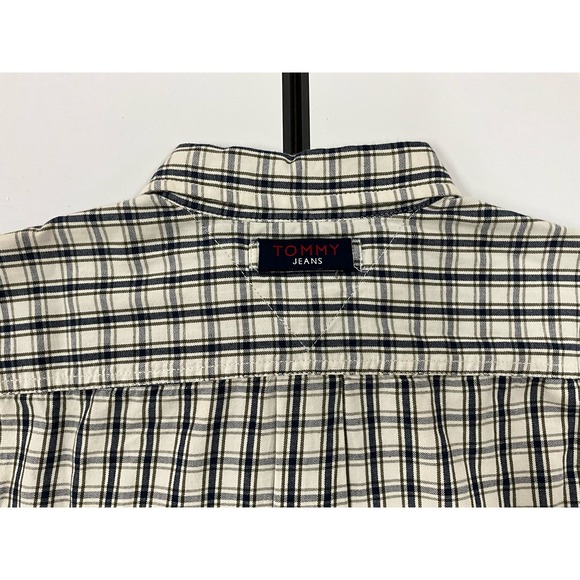 Men’s Tommy Jeans Size Large Button Up Blue White Denim Style Plaid Button Up - Picture 10 of 12